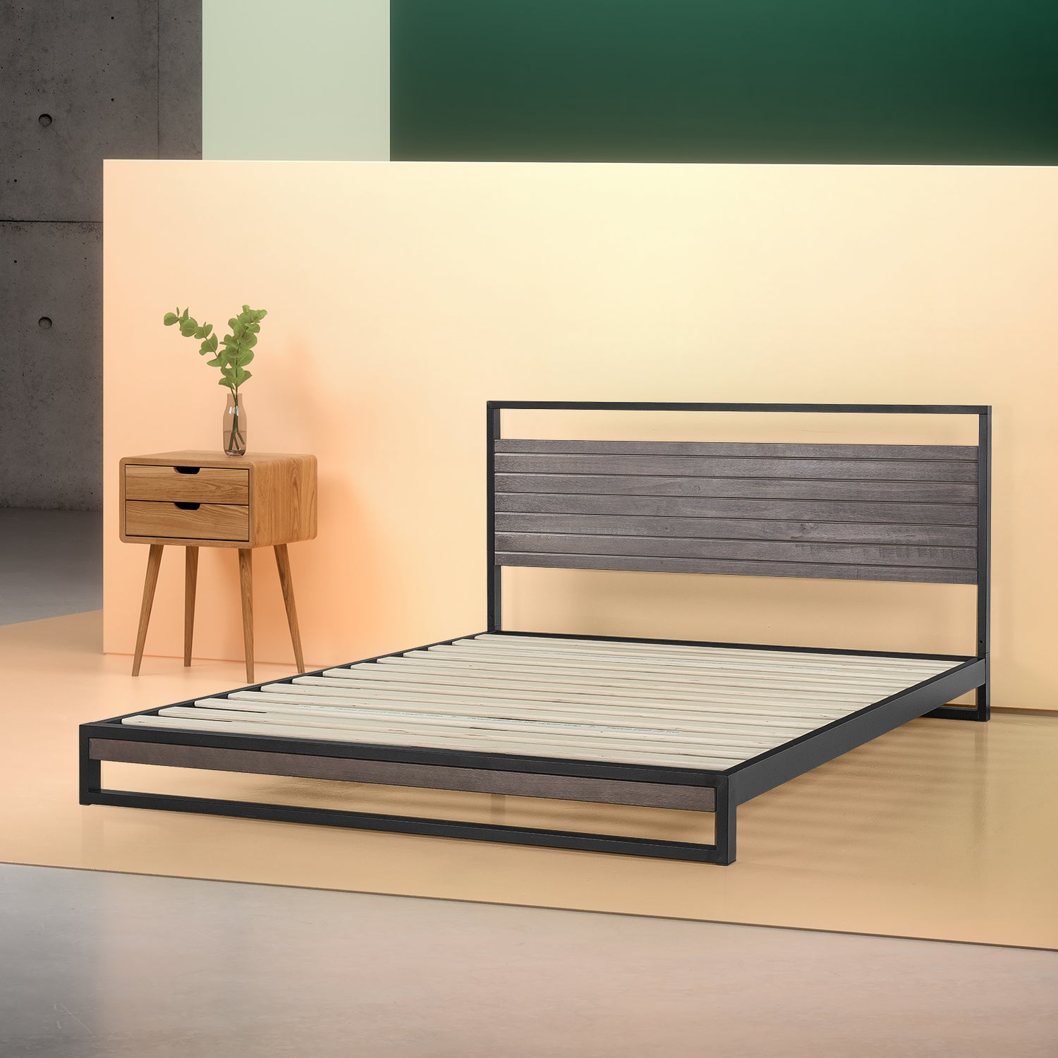 【良品アウトレット】【旧規格】Suzanne ベッドフレーム スチール&ウッド ヘッドボード付 18cm ブラウン グレー ウッド 木目