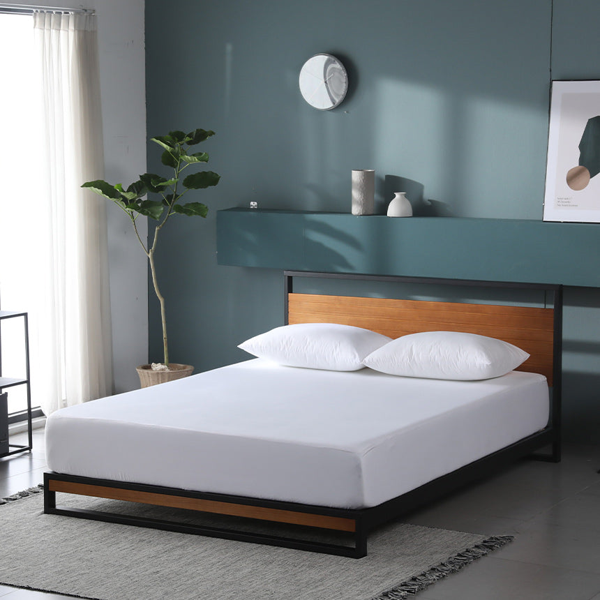 【良品アウトレット】【旧規格】Suzanne ベッドフレーム スチール&ウッド ヘッドボード付 18cm ブラウン グレー ウッド 木目