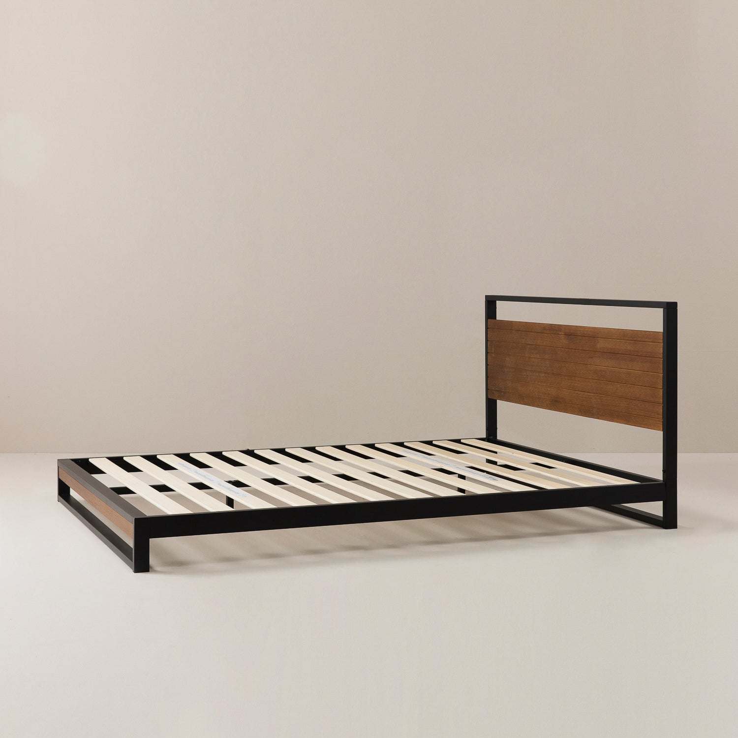 Suzanne ベッドフレーム スチール&ウッド ヘッドボード付 18cm ブラウン グレー ウッド 木目