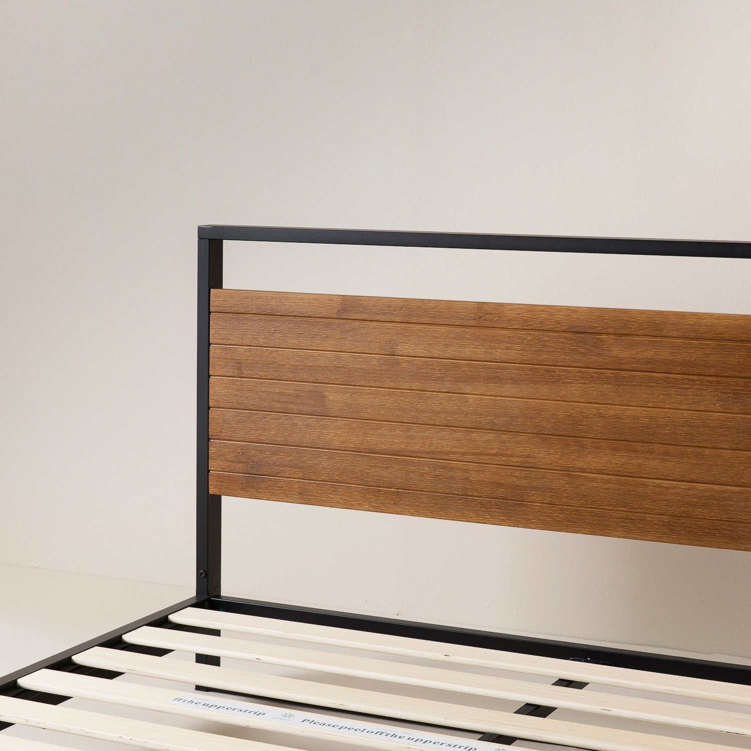 Suzanne ベッドフレーム スチール&ウッド ヘッドボード付 18cm ブラウン グレー ウッド 木目