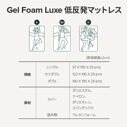 Gel-Foam Luxe マットレス ウレタンフォーム 低反発 緑茶 体温調節ジェル 25cm ホワイト